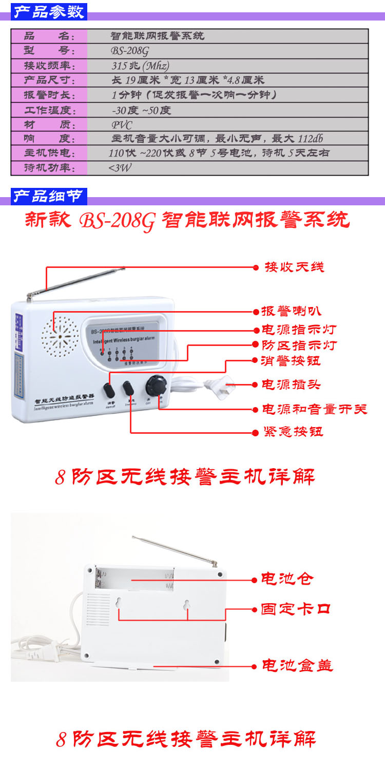 BS-208G联网店铺仓库储藏间工厂家用办公室红外门磁电话通知防盗报警器(图3)